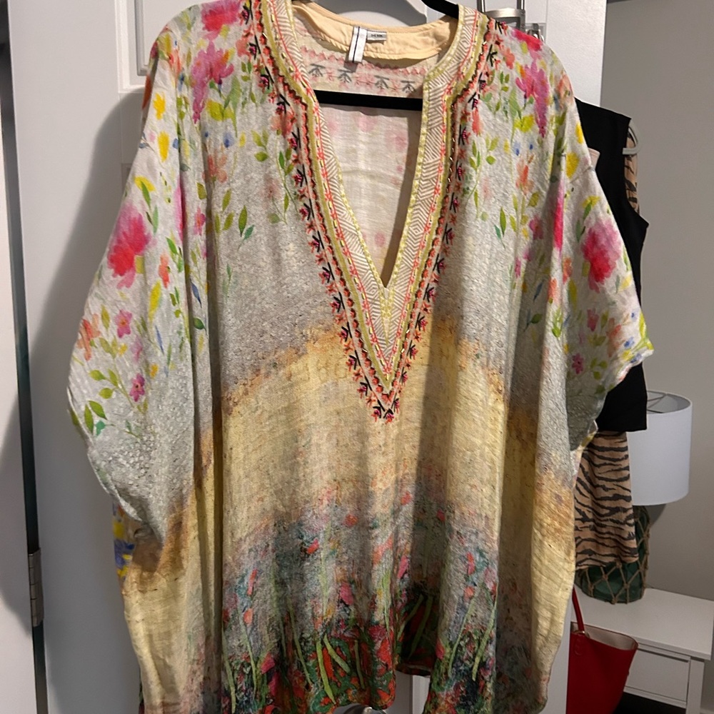 Anthropologie Floral Embroidered V-Neck Tunic - Cream, Pink, Yellow, Green